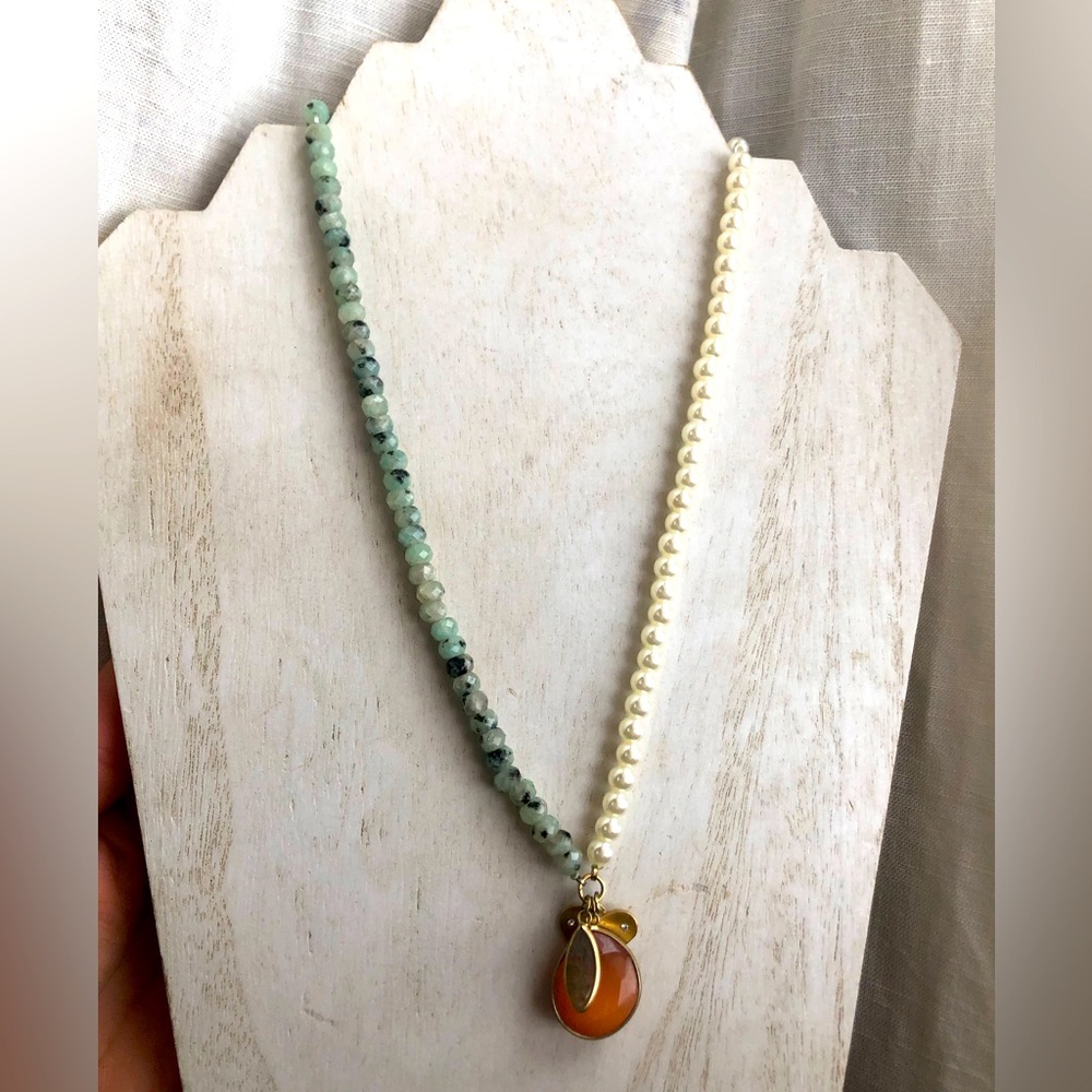 Anthropologie Stone and Faux Pearl Charm Necklace